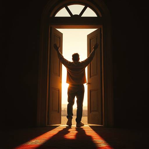 Un hombre saliendo de una puerta, simbolizando la liberación y la esperanza de una nueva vida después del encarcelamiento.