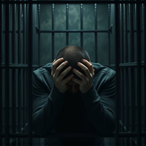 Un hombre sentado solo en una celda, con la cabeza entre las manos, simbolizando la desesperación y la soledad del encarcelamiento.